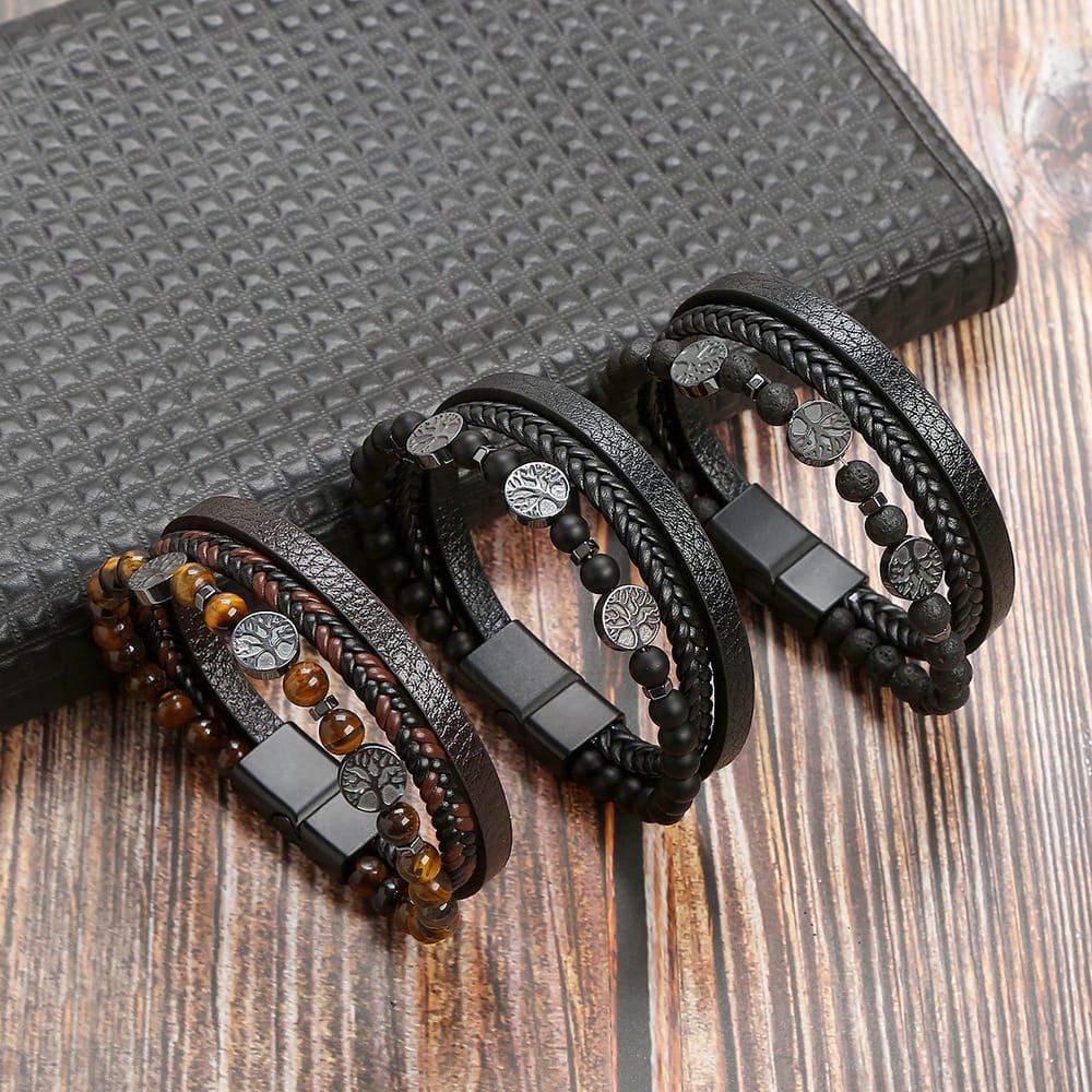 Bratara-barbati-piele-naturala-negru-maro-Tree1