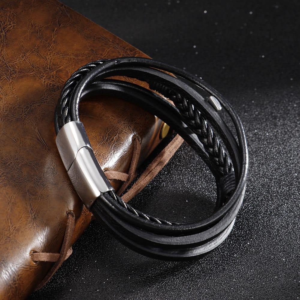 Bratara-barbati-piele-naturala-negru-argintiu-Cruce1
