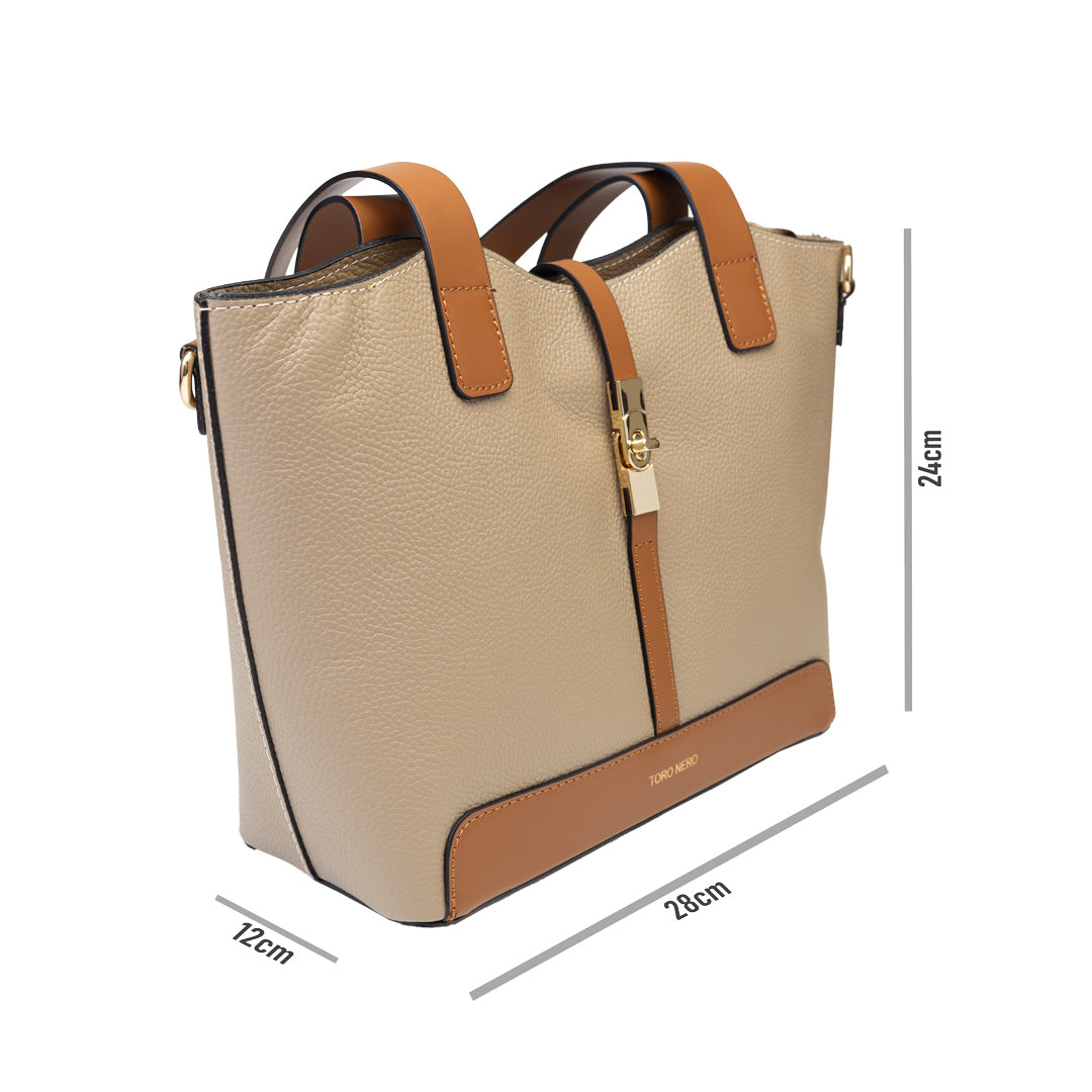 Damenhandtasche aus echtem taupefarbenem Leder Sorina