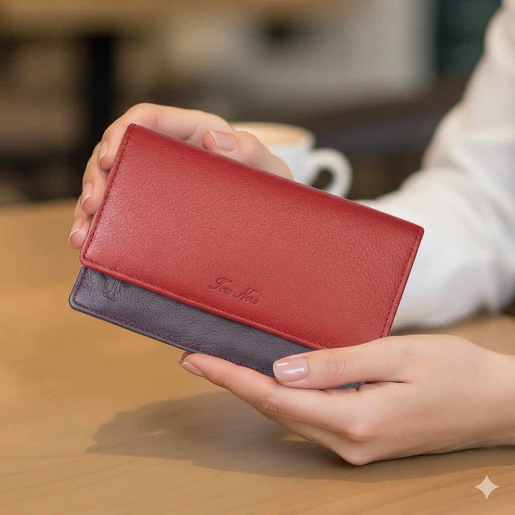 Дамско портмоне от естествена кожа, червено-лилаво Cloudy, RFID защита