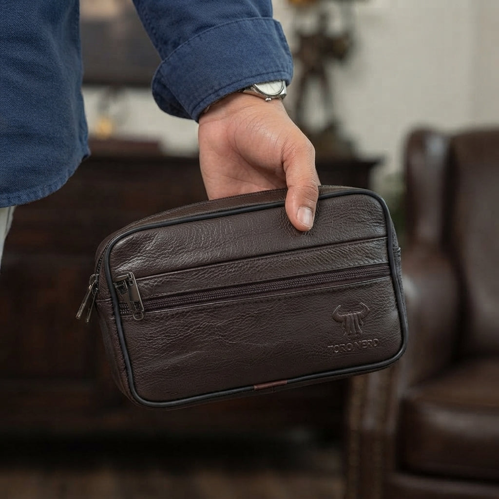 Men's brown genuine leather bag Hand and belt carrier