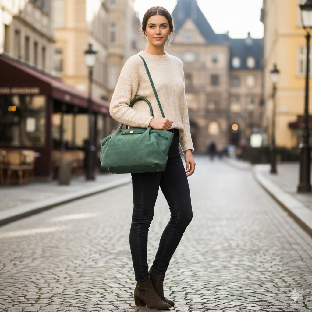 Women's bag made of green genuine leather Elena