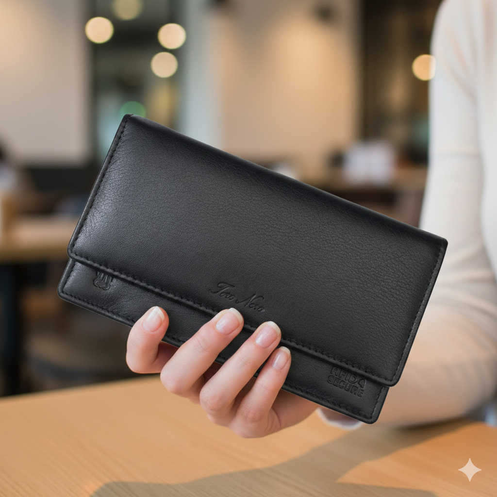 Women's wallet made of natural leather, black, Cloudy, Rfid protection