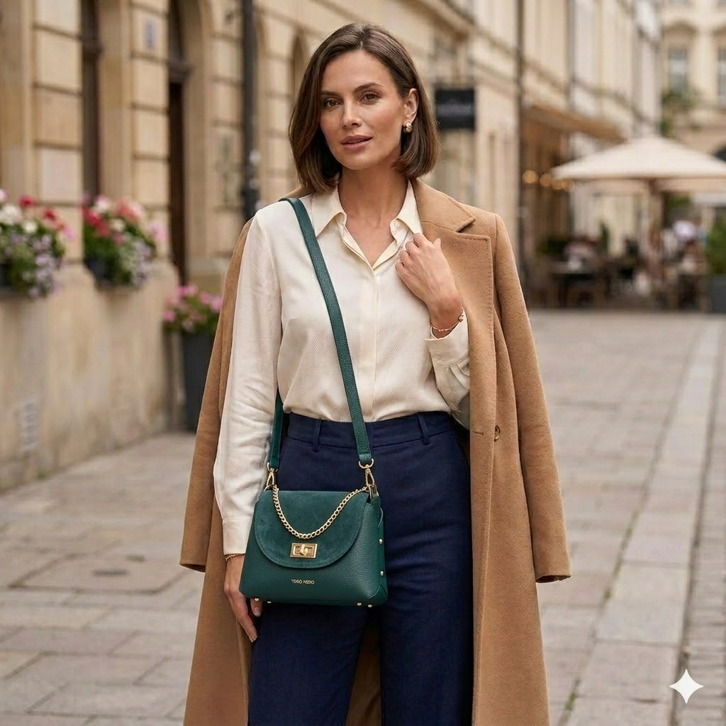 Damenhandtasche aus Naturwildleder, Petrolgrün Raisa