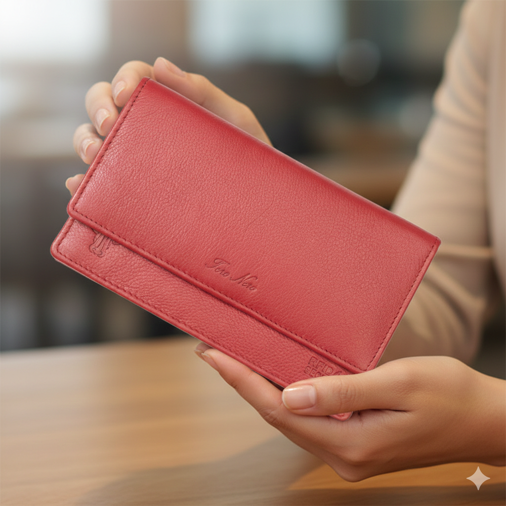 Women's wallet made of genuine leather, red Cloudy, Rfid protection