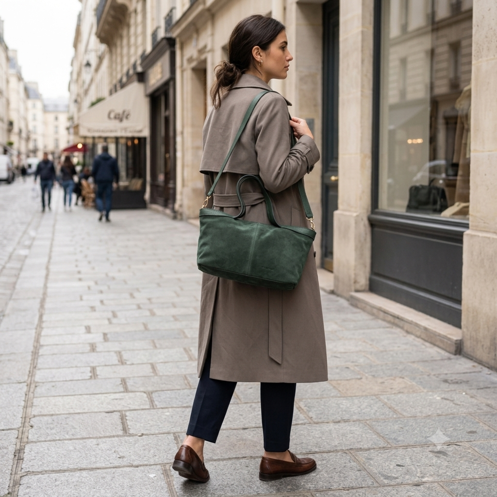 Sac à main femme en cuir velours naturel vert Bianca