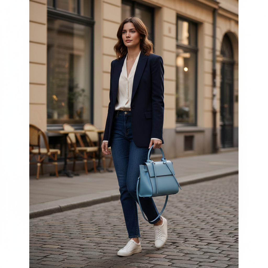 Women's bag made of natural leather, blue Erika