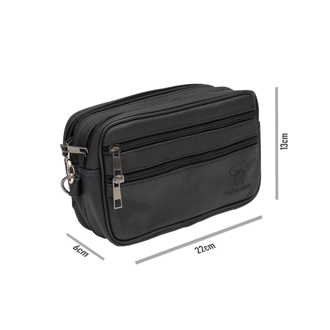 Men's black genuine leather handbag Hand and belt carrier