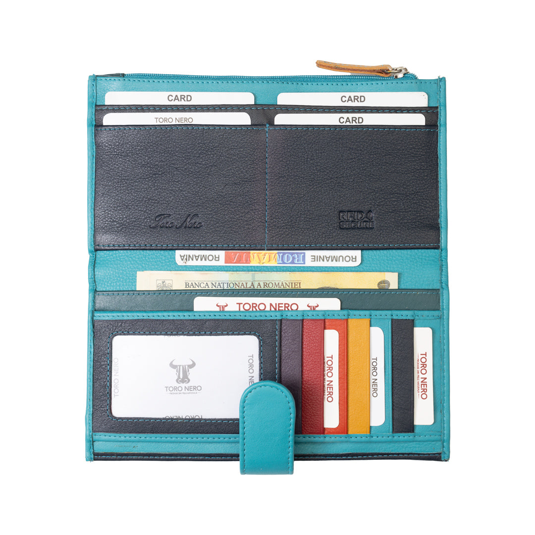 Women's wallet made of genuine turquoise leather Cory, Rfid protection